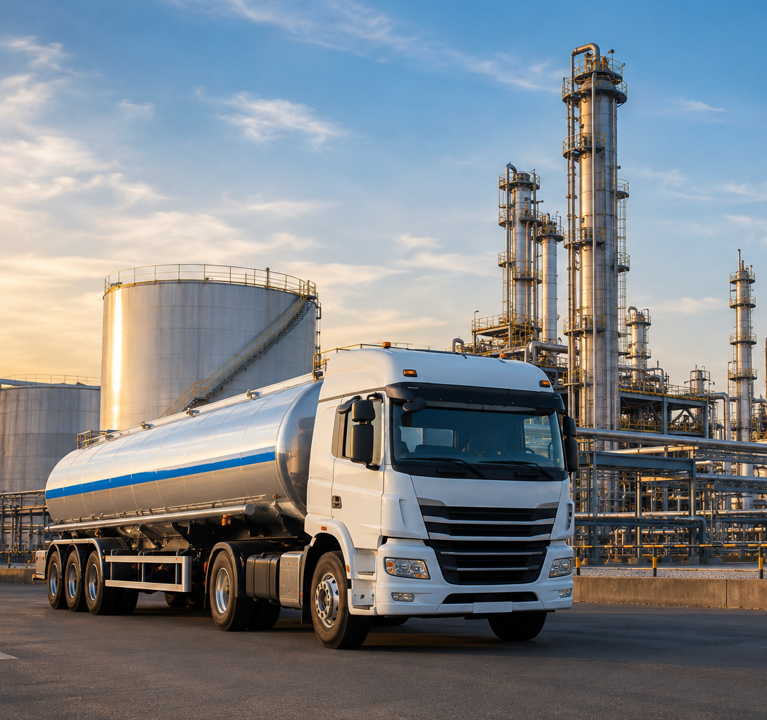 Fuel tanker truck parked in front of a petroleum storage terminal