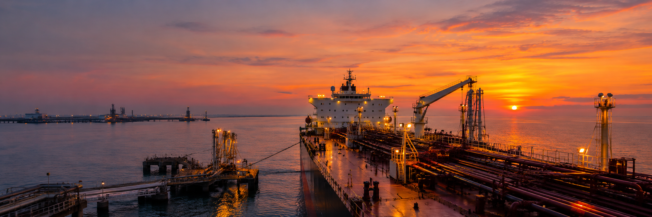 Oil tanker at a marine terminal at sunset